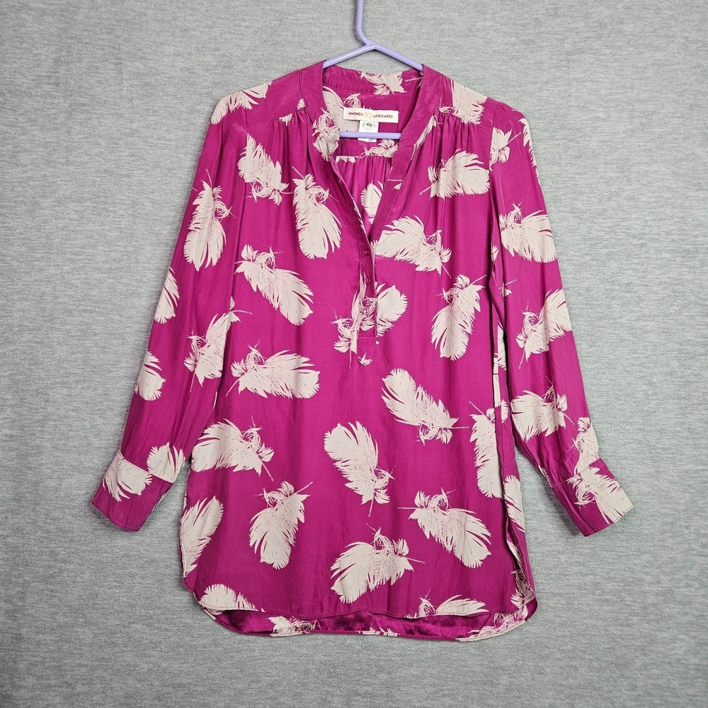 Amanda Uprichard Women Silk Blouse XS Pink Feather Print Made USA Luxury